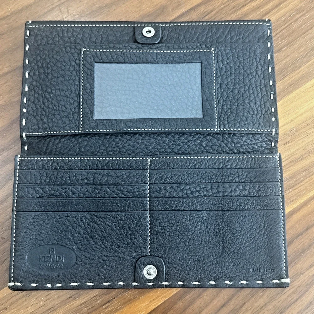 Fendi Selleria Leather Long Wallet - Black With Tan Thread - Great Condition! ￼